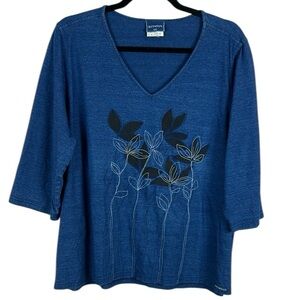 Blue Willi's Floral Embroidered Casual Cotton V Neck 3/4 Sleeves Top XXL Blue